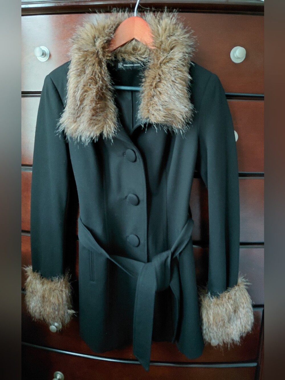 INC International Concepts Black Trench Coat with Faux Fur Trim Collar & Cuffs